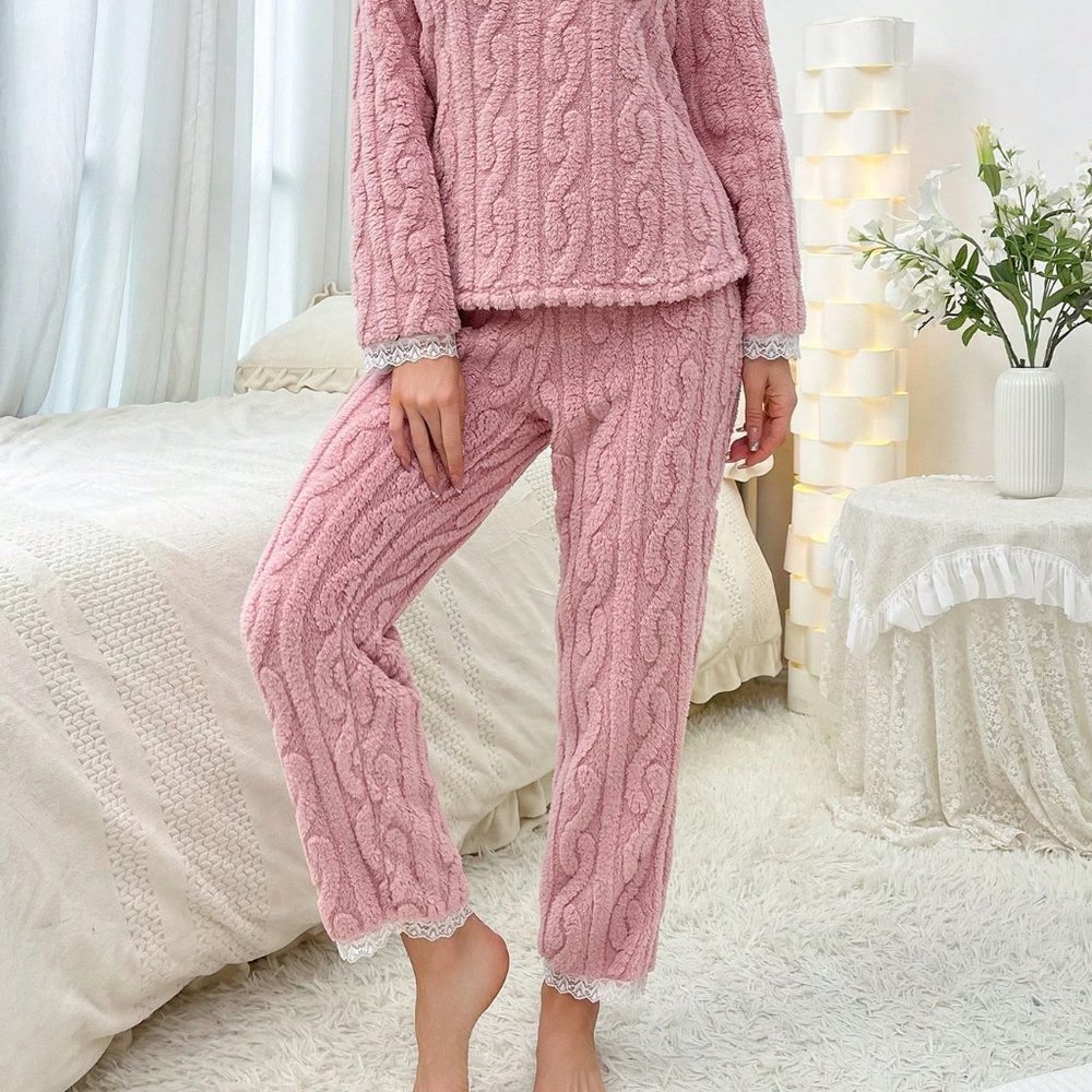 Pink Casual Womens Lace Trim Flannel PJ Set - Picture 3 of 5